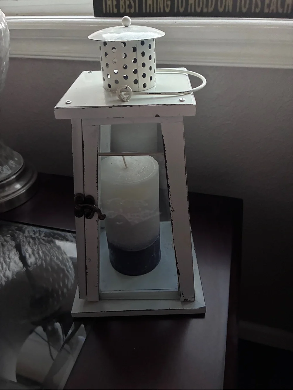 Distressed White Wooden Lantern with Two-Tone Candle - Rustic Accent